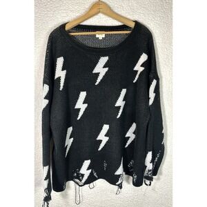 Blue Buttercup Womens Pullover Sweater Black Lighting Bolt Distressed L